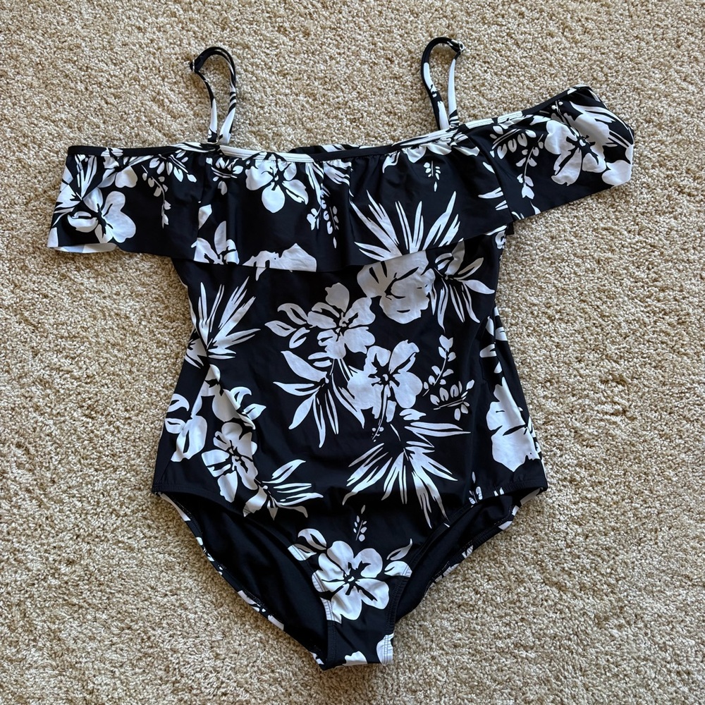Jantzen NWT Black White Floral Off Shoulder Ruffle One Piece Swimsuit Size 16